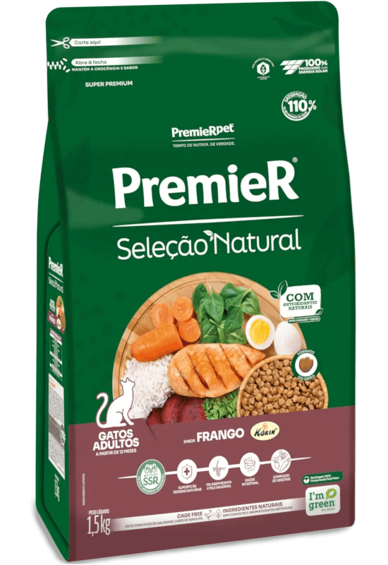 Ra&ccedil;&otilde;es PremieR Sele&ccedil;&atilde;o Natural para gatos, produzidas com prote&iacute;na de frango Korin, ovos cage free e ingredientes naturais, sem transg&ecirc;nicos.