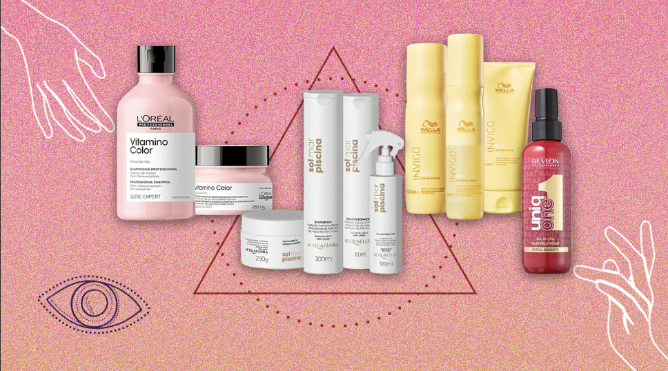 Colagem com fotos de produtos de cuidado para o cabelo