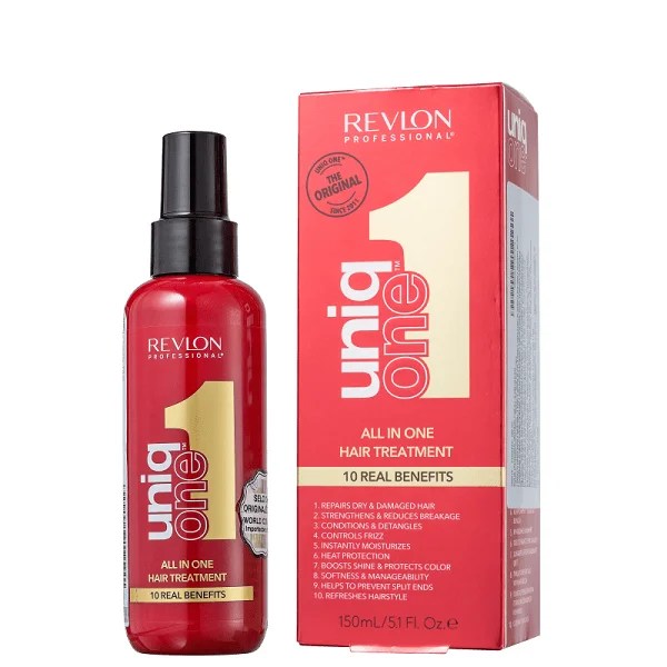 Leave-in capilar Revlon Uniq One, tratamento multifuncional com hidrata&ccedil;&atilde;o, controle de frizz e prote&ccedil;&atilde;o t&eacute;rmica para todos os tipos de cabelo.