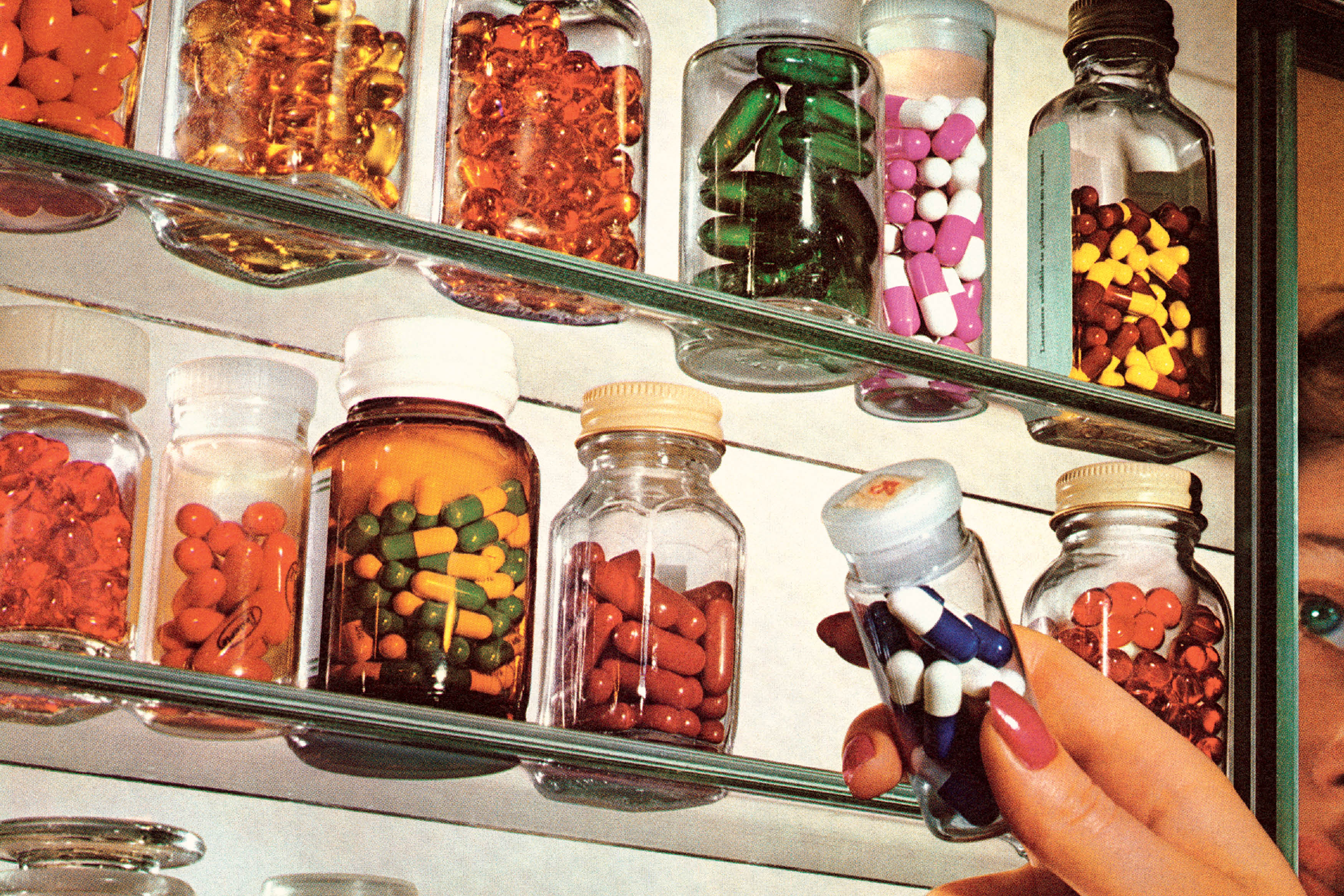 Ilustra&ccedil;&atilde;o colorida de rem&eacute;dios encapsulados em prateleira