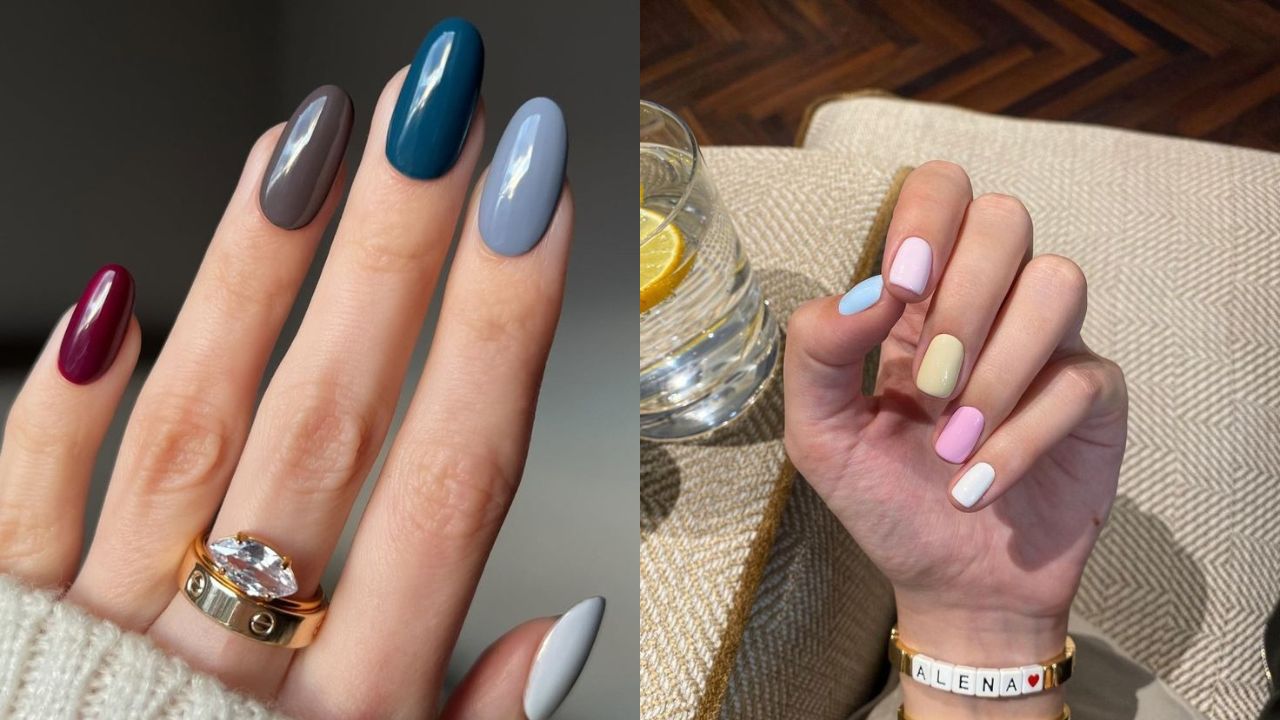 Unhas em formato alongado com esmalta&ccedil;&atilde;o multicolorida em tons fechados e sofisticados, como vinho, cinza e azul. Ao lado, m&atilde;os com unhas em tons claros e past&eacute;is (rosa, azul e amarelo), criando um visual leve e estiloso de &ldquo;uma unha de cada cor&rdquo;.