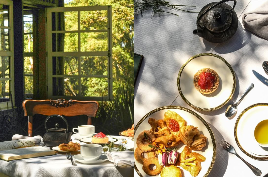 Ch&aacute; da tarde servido em mesa em meio &agrave; natureza