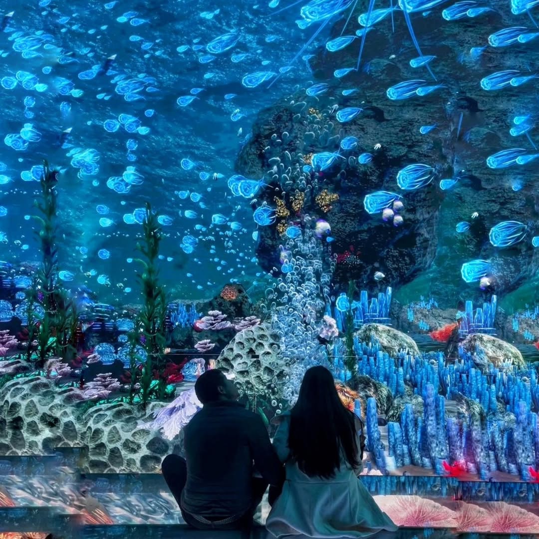 Casal em cinema imersivo assistindo fundo do mar