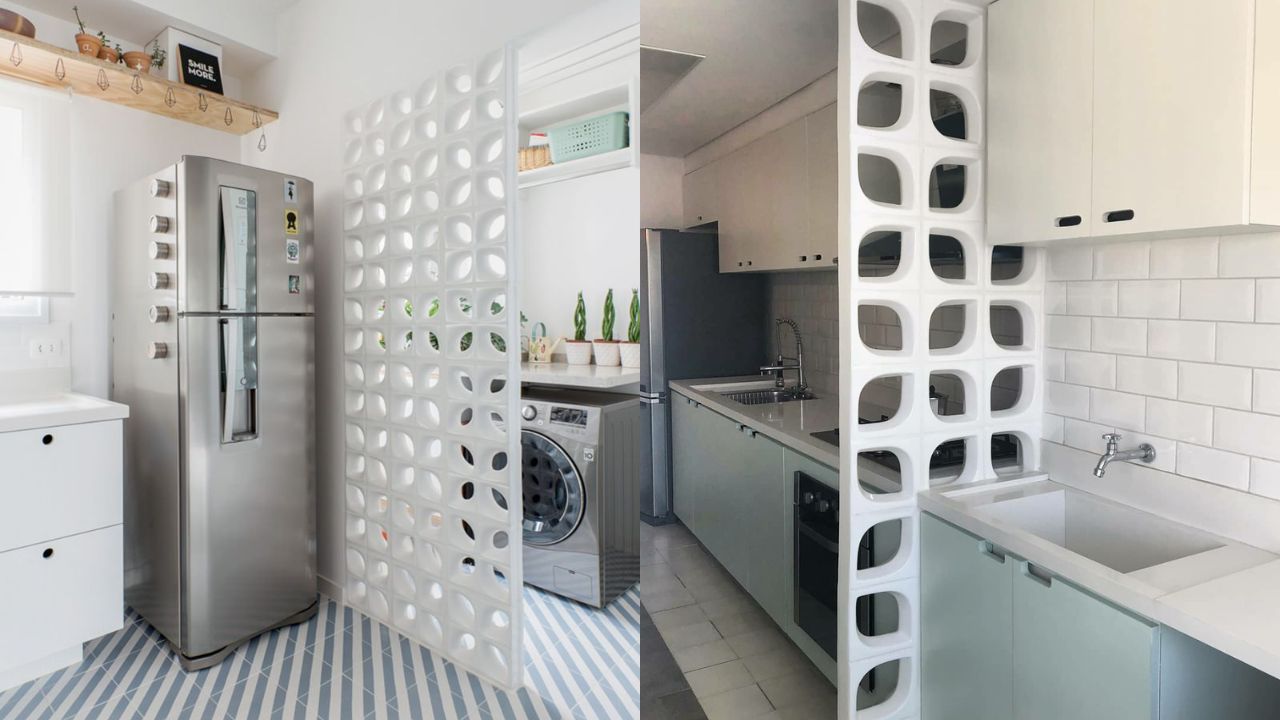 Dois projetos com painel de cobog&oacute; dividindo cozinha e lavanderia