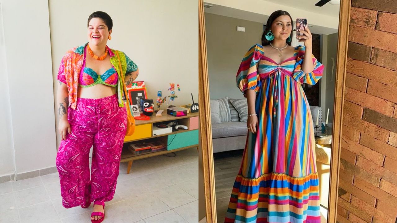 &Agrave; esquerda, conjunto com top estampado e cal&ccedil;a pink intensa, combinado com terceira pe&ccedil;a tamb&eacute;m colorida e acess&oacute;rios marcantes. A proposta &eacute; ousada, com mistura de tons quentes e saturados. &Agrave; direita, vestido longo listrado em m&uacute;ltiplas cores vibrantes, com mangas amplas e modelagem fluida, refor&ccedil;ando a energia latina maximalista.