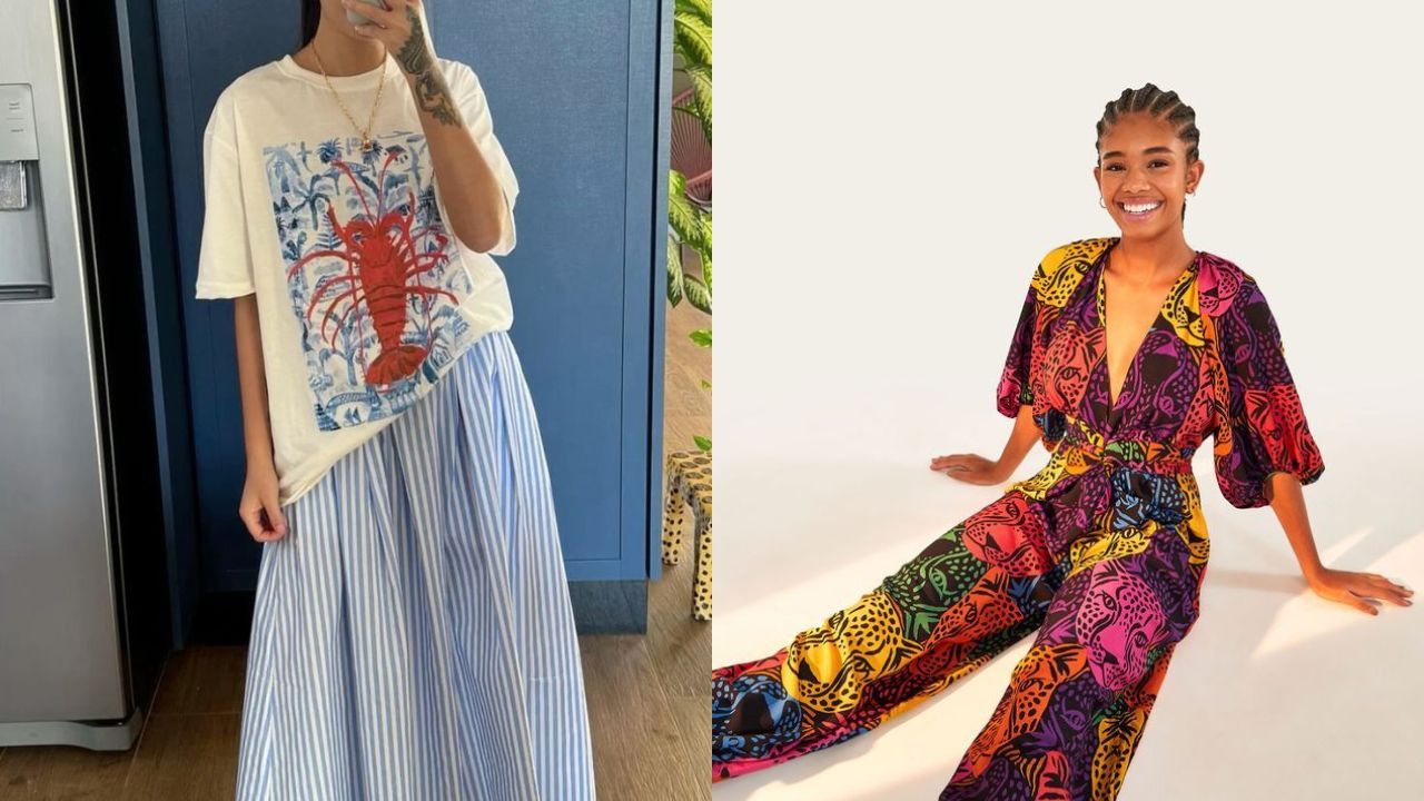Camiseta com estampa de lagosta combinada a saia listrada leve, criando um visual descontra&iacute;do com refer&ecirc;ncia mar&iacute;tima. Na imagem ao lado, macac&atilde;o estampado com animais e elementos tropicais em cores intensas, trazendo for&ccedil;a visual e celebrando a biodiversidade latina.
