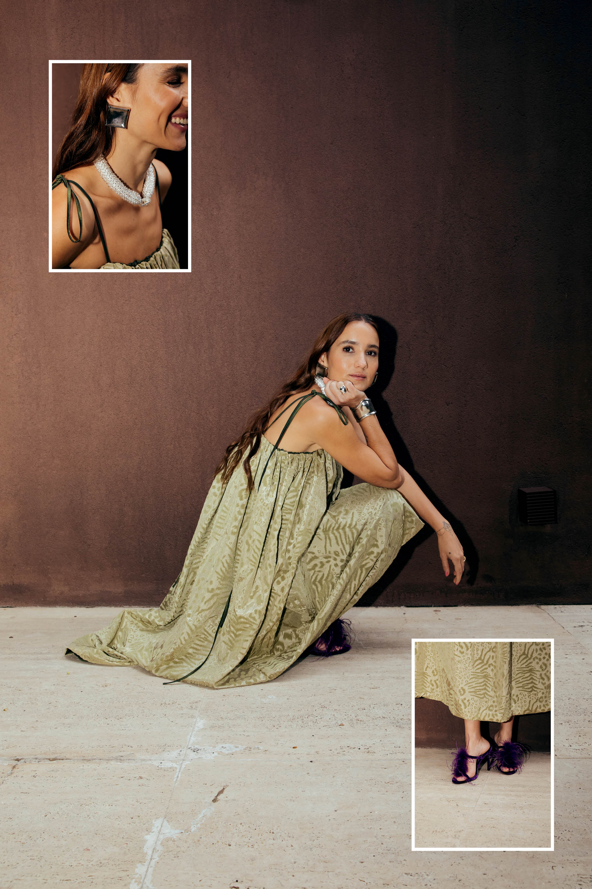 Foto de Juliana Bordin. Ela &eacute; morena e usa um vestido verde
