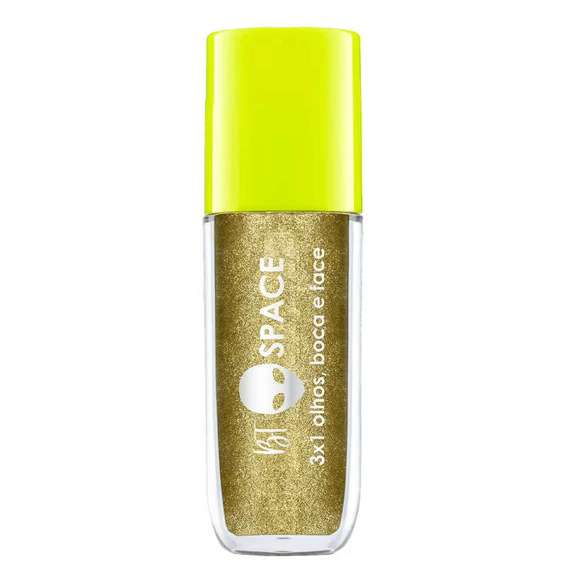 Sombra l&iacute;quida multifuncional Bruna Tavares BT Space 3x1 Interstellar em frasco dourado com tampa verde neon, com efeito met&aacute;lico intenso para usar como sombra, iluminador ou detalhe gr&aacute;fico em maquiagem carnavalesca com brilho