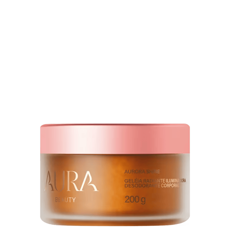 Geleia iluminadora corporal Aura Beauty Aurora Shine 200g em pote com tampa rosada, com efeito glow radiante e brilho espelhado para corpo, ideal para Carnaval, fantasias e pele iluminada em pernas, colo e bra&ccedil;os