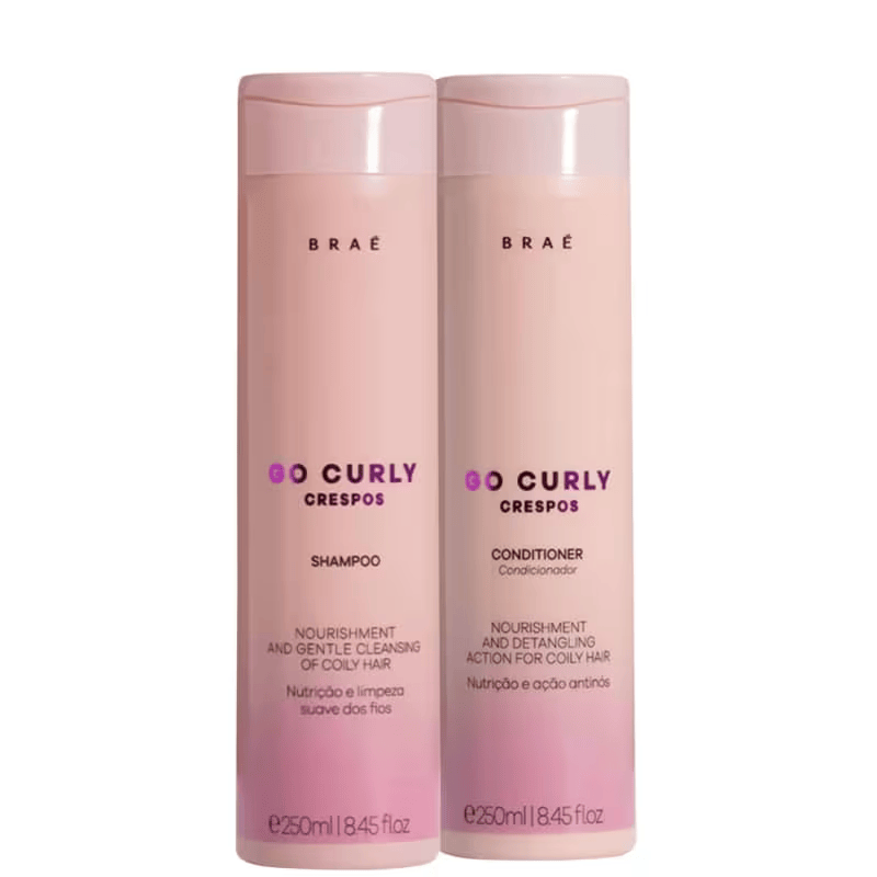 Kit Bra&eacute; Go Curly Crespos com shampoo e condicionador 250ml em embalagens rosadas, indicado para hidratar cabelos cacheados e crespos, ajudar na defini&ccedil;&atilde;o e controlar ressecamento durante o Carnaval e dias de calor intenso