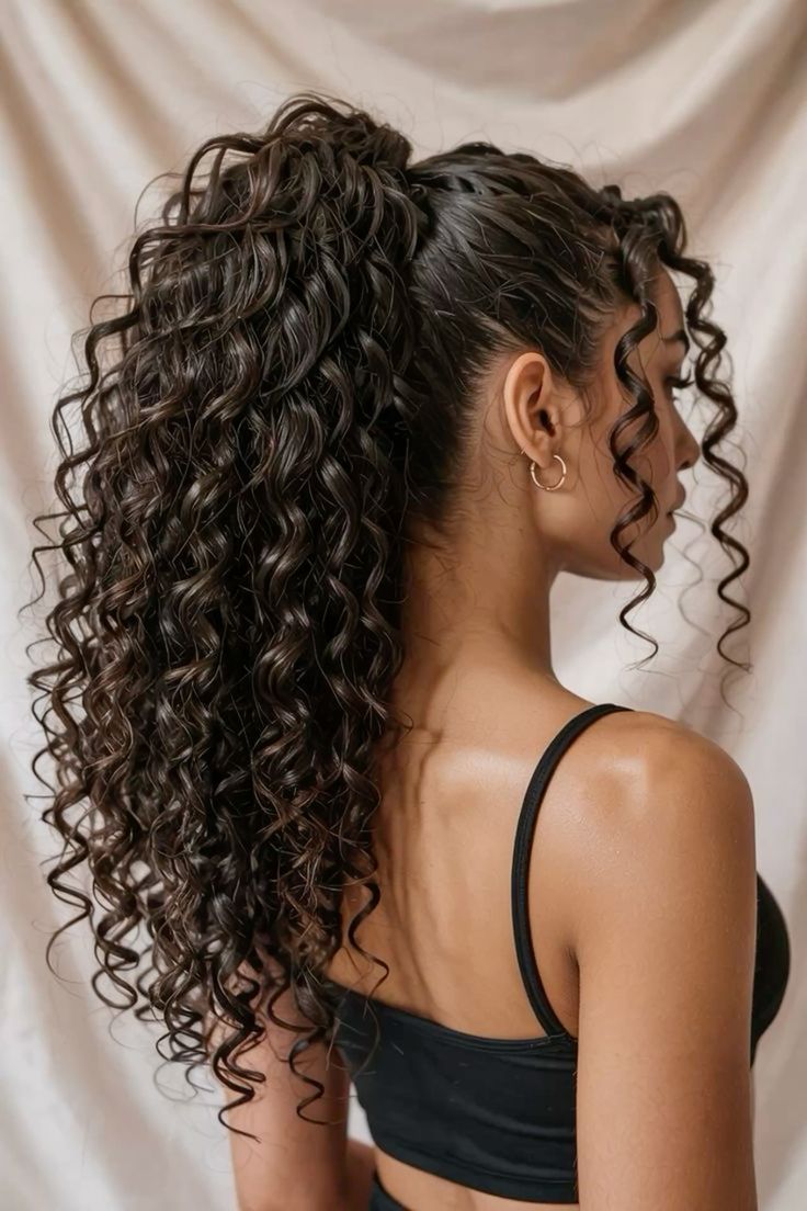 Mulher morena de costas usando Rabo de cavalo cacheado