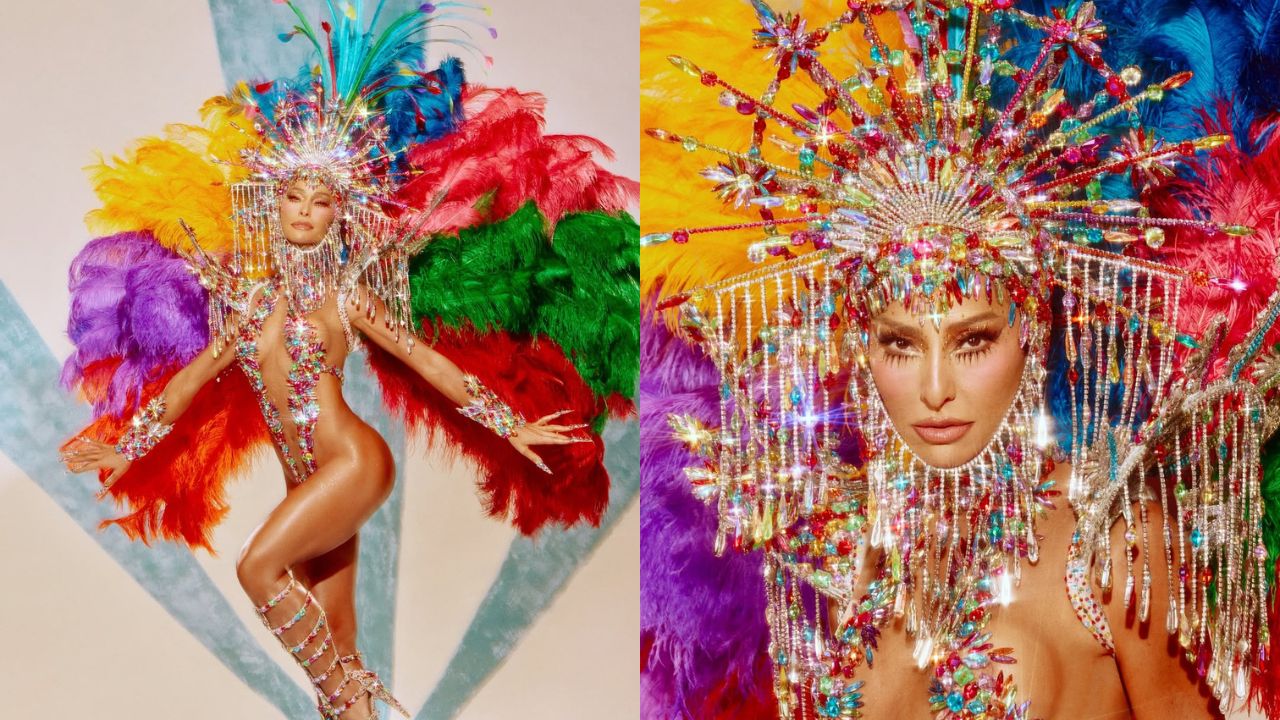Sabrina Sato desfila como rainha de bateria da Unidos de Vila Isabel usando fantasia luxuosa com penas coloridas e cristais durante o Carnaval de Rio de Janeiro