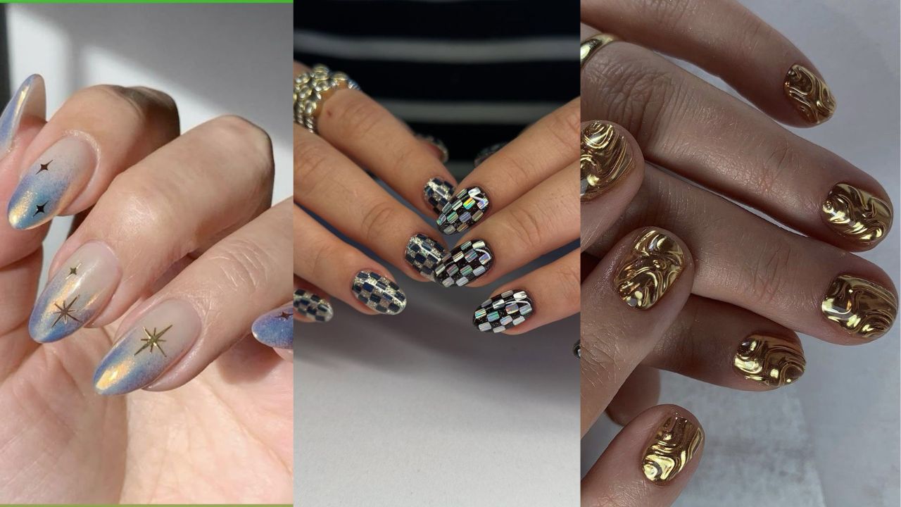 Unhas com efeito met&aacute;lico combinadas a detalhes em relevo e desenhos geom&eacute;tricos, unindo brilho e nail art criativa.