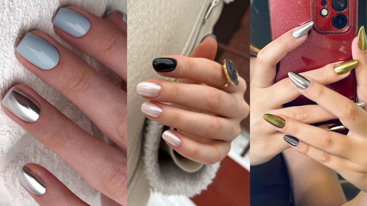 Combina&ccedil;&atilde;o de diferentes cores met&aacute;licas na mesma m&atilde;o, mesclando prata, dourado e tons metalizado para um visual criativo e harm&ocirc;nico