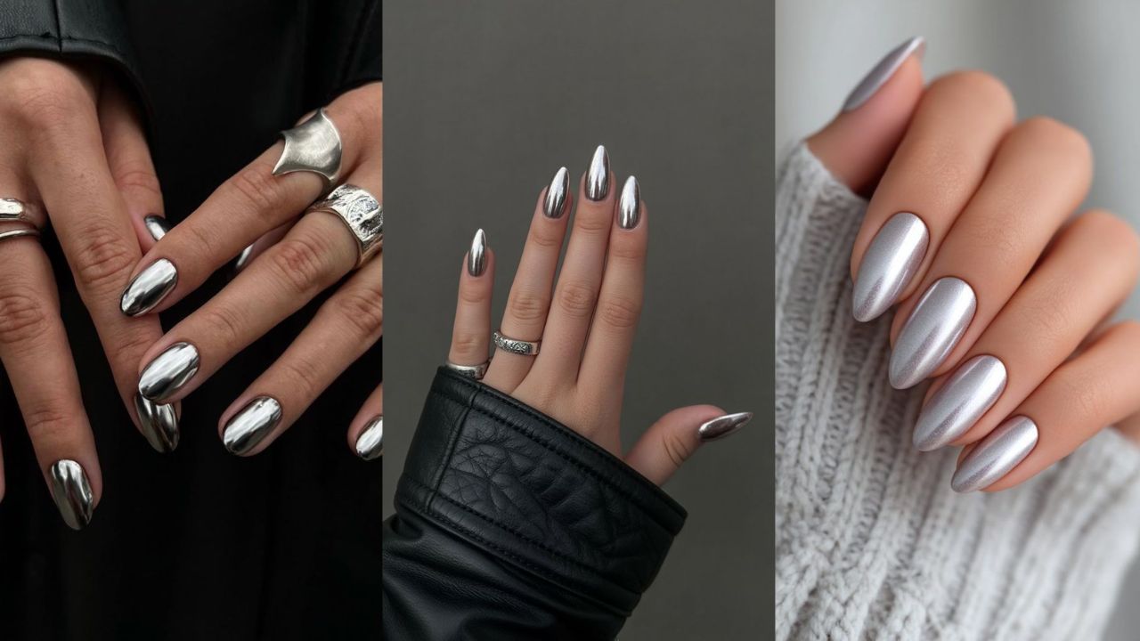 Unhas alongadas com acabamento cromado prateado e efeito espelhado intenso, refletindo a luz como metal l&iacute;quido para um visual moderno e urbano.