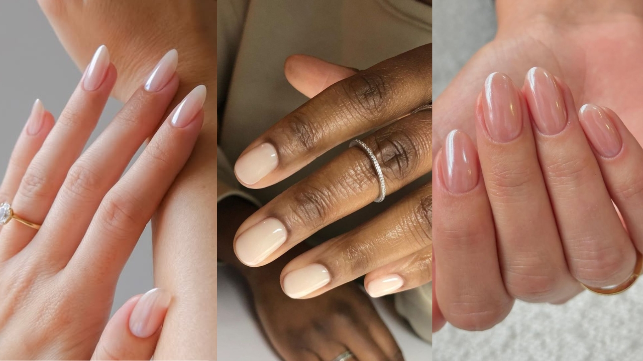 Close em tr&ecirc;s m&atilde;os com esmaltes em cores leitosas naturais
