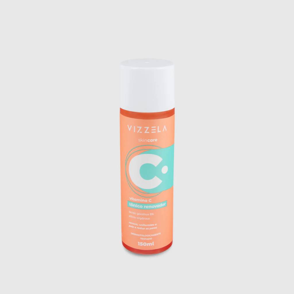 produto de skincare. frasco alto, em tom alaranjado com detalhes verde-&aacute;gua. O r&oacute;tulo indica que &eacute; da marca Vizzela