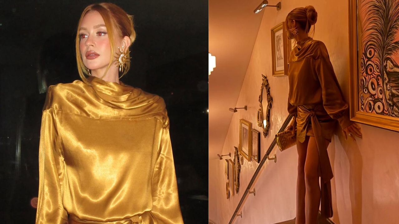 Marina Ruy Barbosa brilha com look dourado de R$ 1,8 mil e brinco de sol