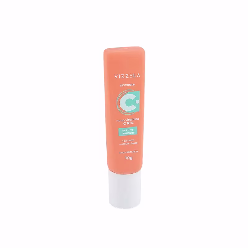 produto pequeno com tampa branca, embalagem laranja com detalhes verde-&aacute;gua. S&eacute;rum vitamina C da Vizzela