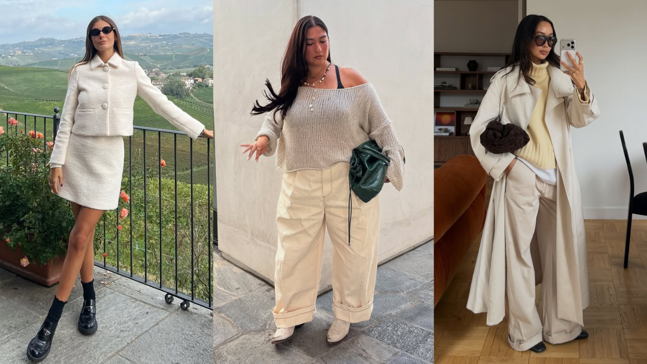 Tr&ecirc;s looks de outono de mulheres com roupas em tom de bege aveia