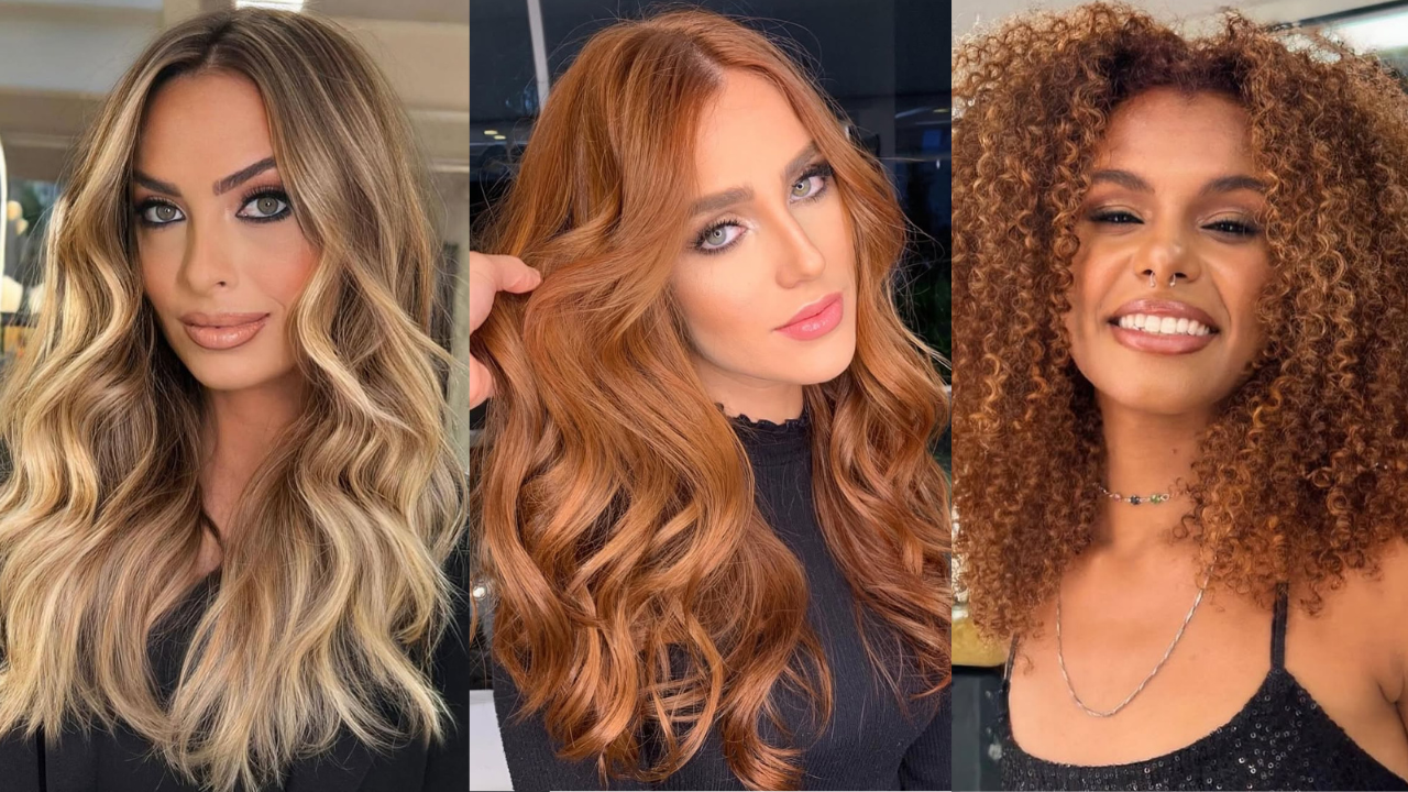 Três mulheres, uma loira, outra ruiva e outra morena posando para foto com cabelos modelados