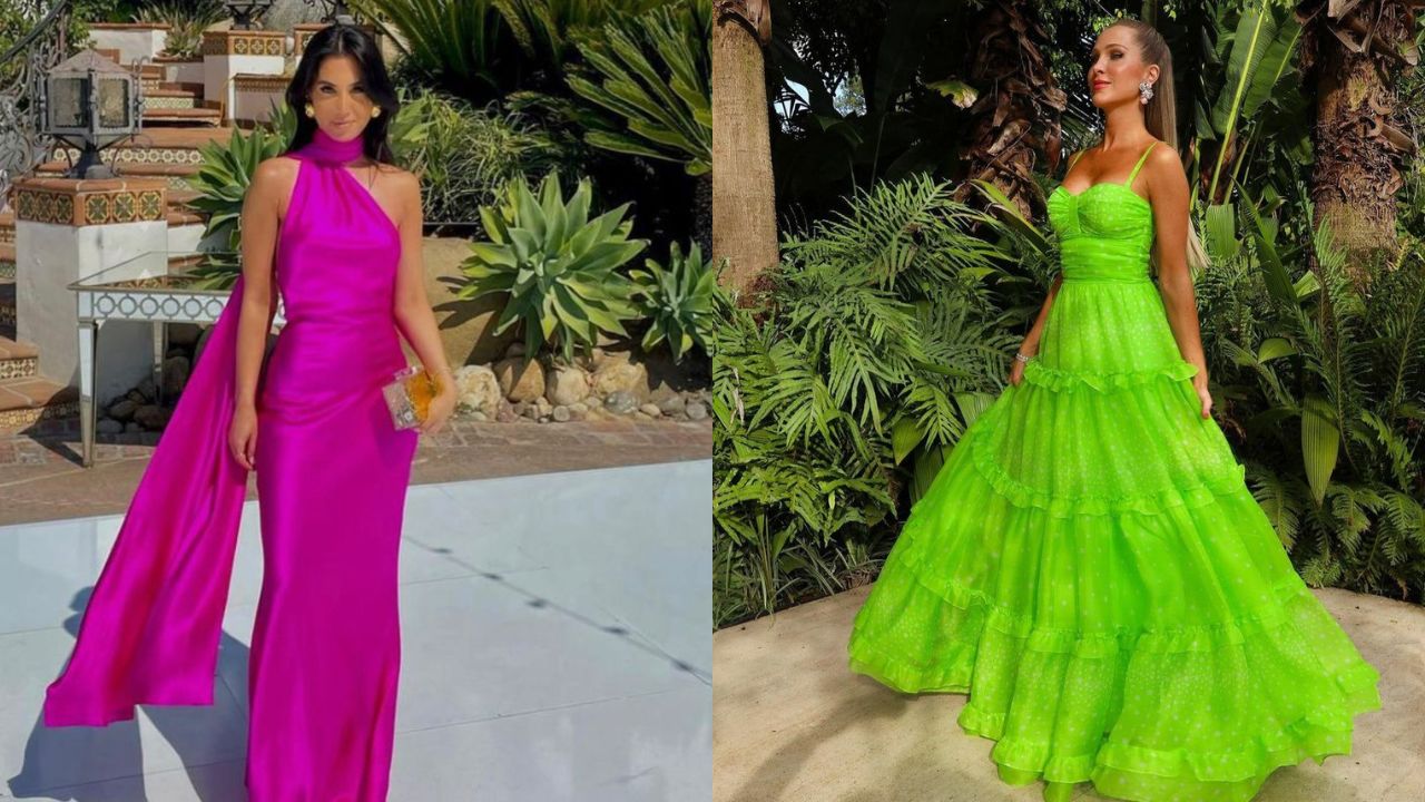 Montagem com duas imagens de convidadas de casamento com vestidos vibrantes em rosa e verde neon