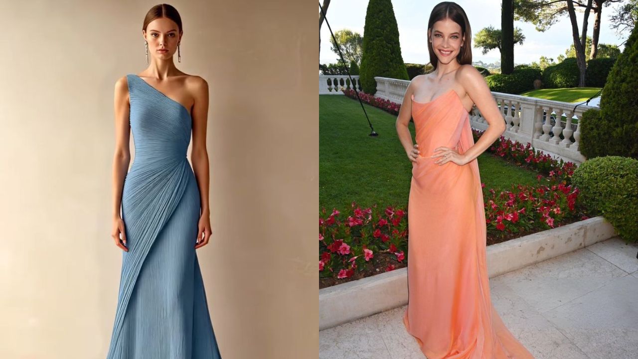 Modelos em azul e p&ecirc;ssego ilustram vestidos longos e delicados, ideais para casamentos formais e celebra&ccedil;&otilde;es ao ar livre