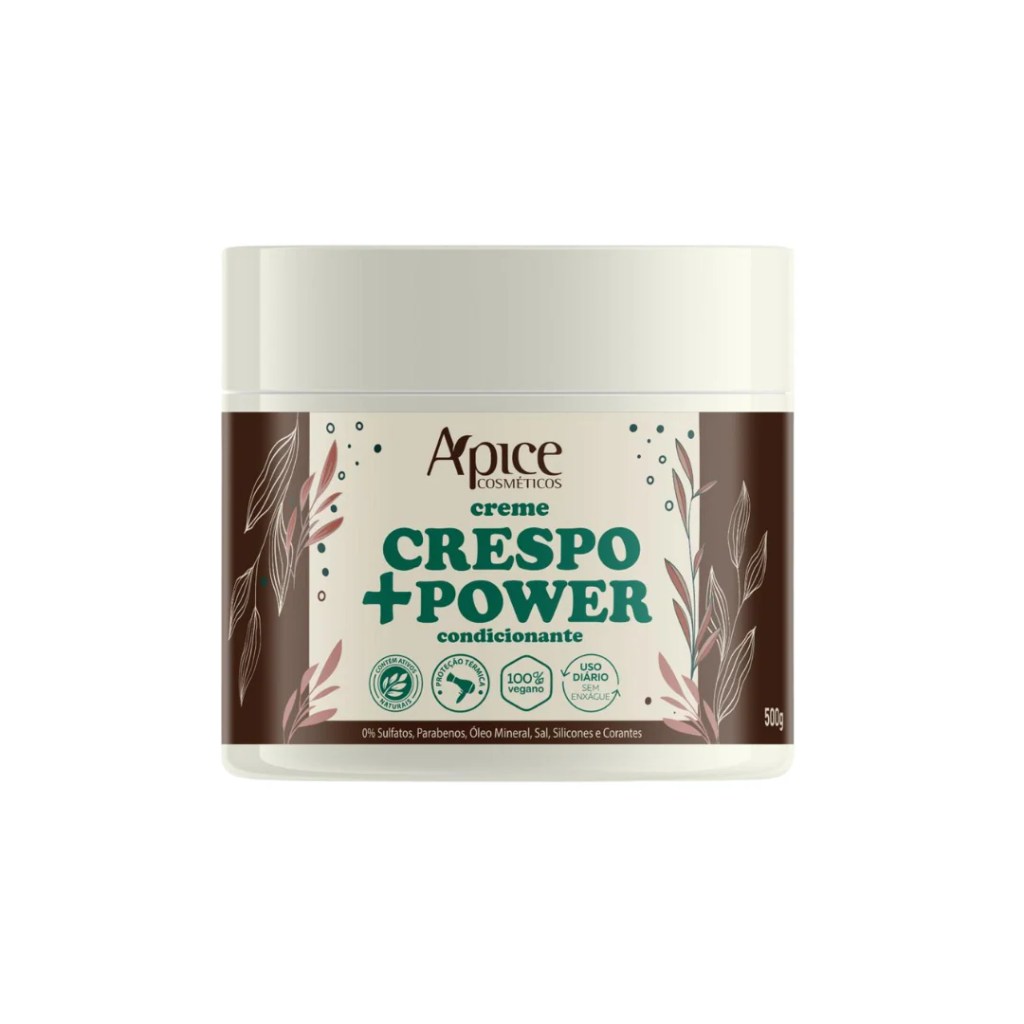 Pote branco com r&oacute;tulo ilustrado do creme Crespo +Power da &Aacute;pice Cosm&eacute;ticos, condicionador nutritivo indicado para cabelos crespos e volumosos.