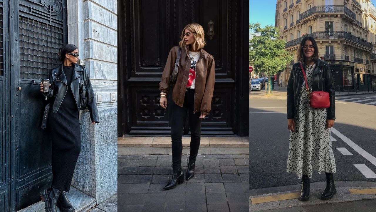 Produ&ccedil;&otilde;es com jaqueta de couro mostram diferentes formas de usar a pe&ccedil;a no outono: combinada com vestido longo, cal&ccedil;a jeans ou saia, ela adiciona um toque moderno e urbano ao visual.