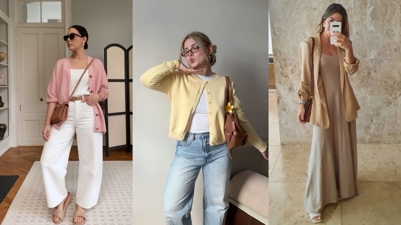 Diferentes modelos de casaquinhos, como cardigans e blazers leves, aparecem em combina&ccedil;&otilde;es com jeans, vestidos e alfaiataria, ideais para adaptar o visual &agrave;s mudan&ccedil;as de temperatura.