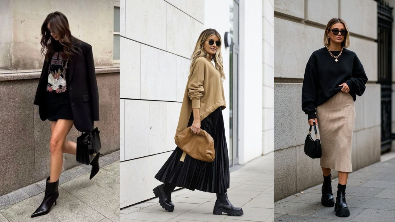 As botinhas de cano curto surgem em diferentes propostas de look, combinadas com saias midi, vestidos e pe&ccedil;as de alfaiataria, trazendo praticidade e estilo para a esta&ccedil;&atilde;o.