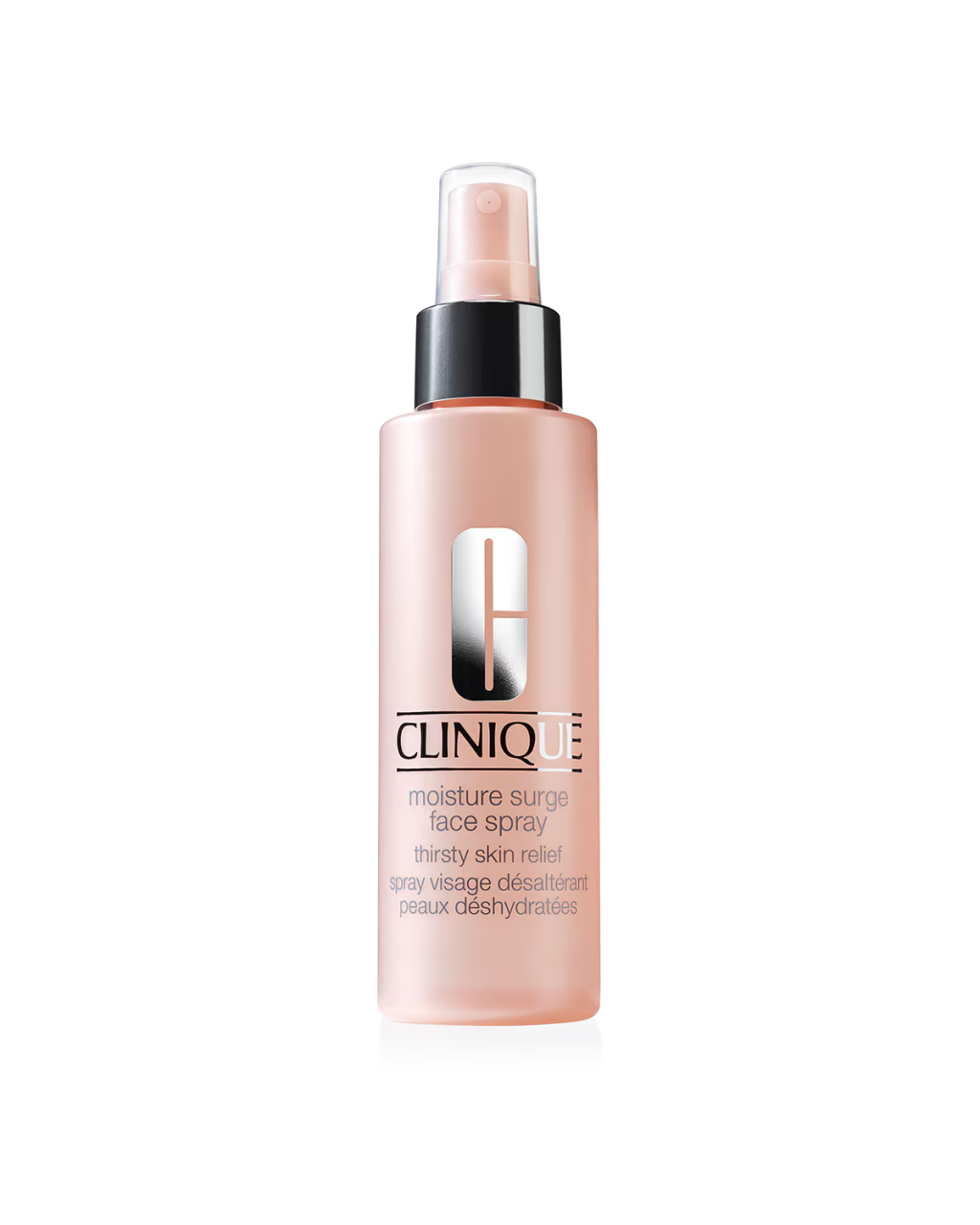 Frasco rosa com v&aacute;lvula spray do Moisture Surge Face Spray da Clinique, hidratante facial leve indicado para refrescar e hidratar a pele ao longo do dia