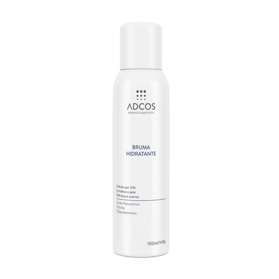 Frasco branco cil&iacute;ndrico da Bruma Hidratante ADCOS, hidratante facial em spray com &aacute;cido hialur&ocirc;nico que ilumina e refresca a pele