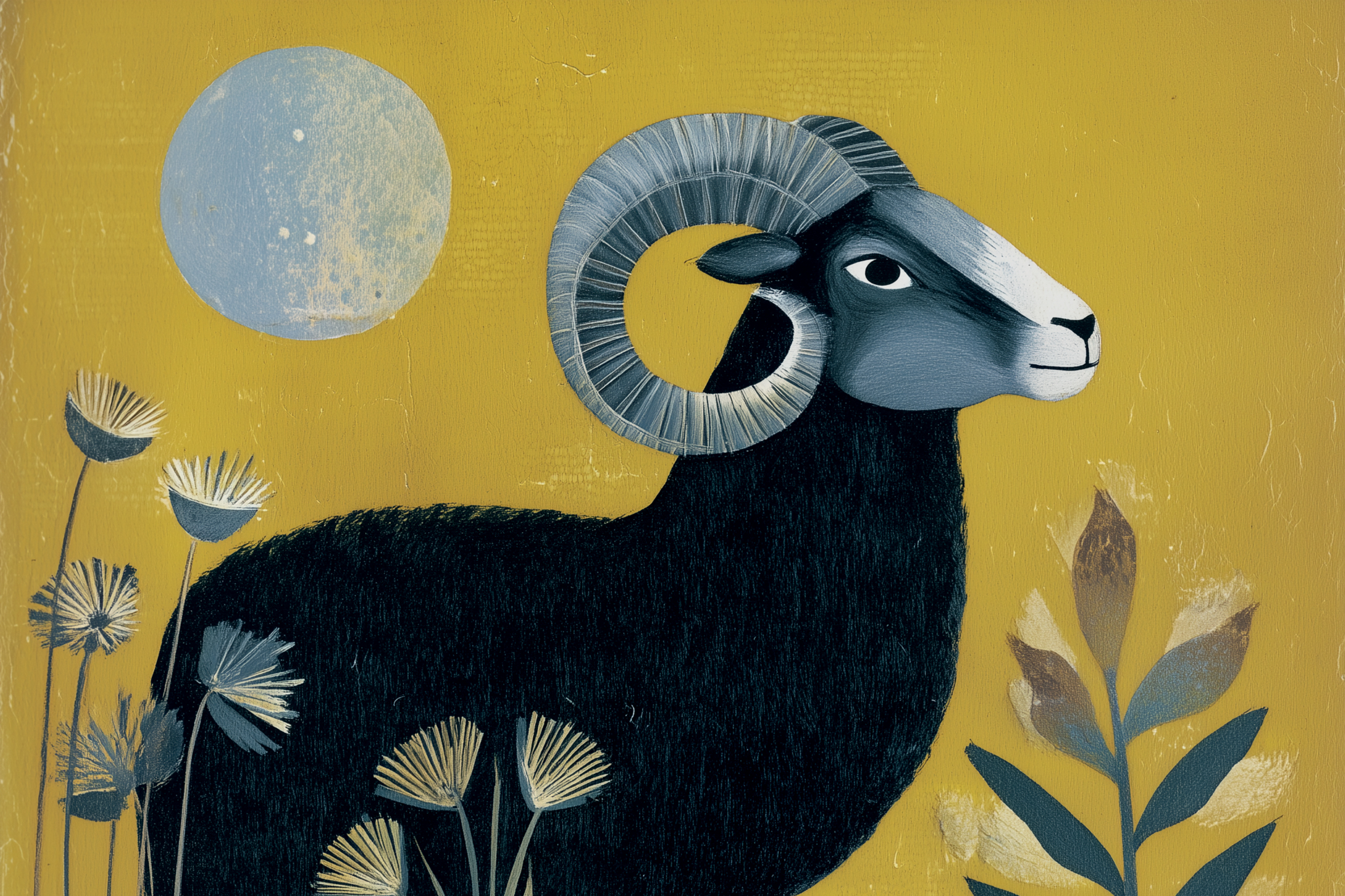 Ilustração de Áries: carneiro com chifres curvos em fundo amarelo, com lua cheia e elementos naturais ao redor, representando o signo no horóscopo de abril