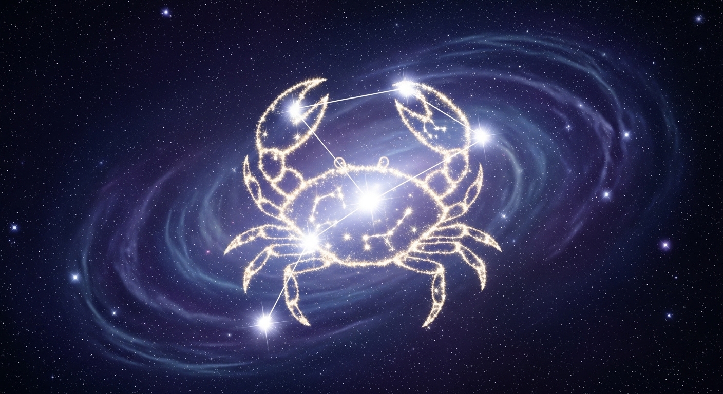 Ilustração da constelação de Câncer representada por um caranguejo formado por estrelas brilhantes sobre fundo espacial azul, com galáxia ao fundo.