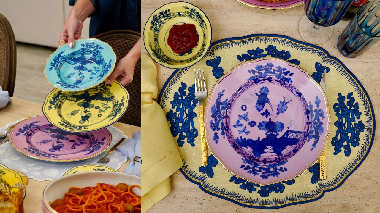 Mesa posta colorida para a P&aacute;scoa com pratos em tons de lil&aacute;s, amarelo e azul past&eacute;is