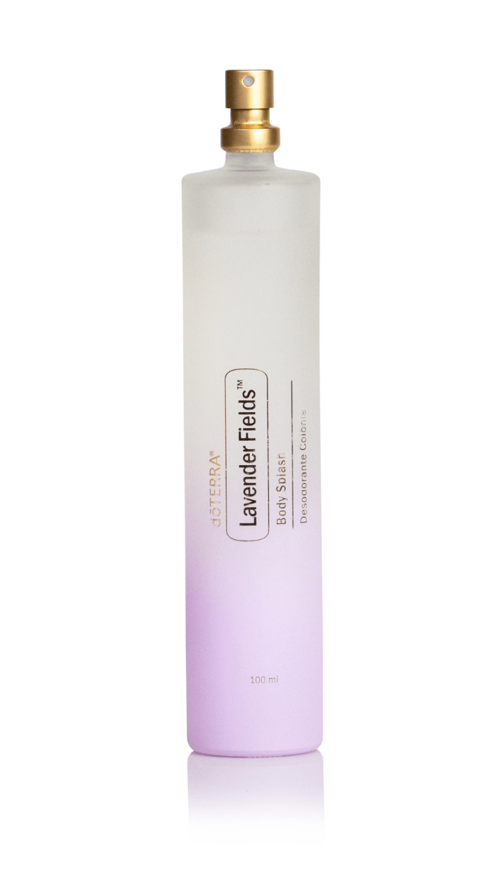 Frasco de body splash Lavender Fields, da doTERRA, em embalagem fosca com degrad&ecirc; suave e tampa dourada