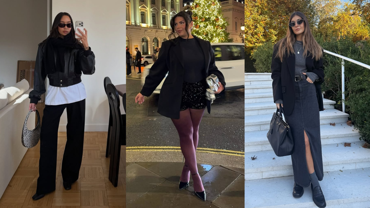 Tr&ecirc;s looks de outono de mulheres com roupas em tom de preto