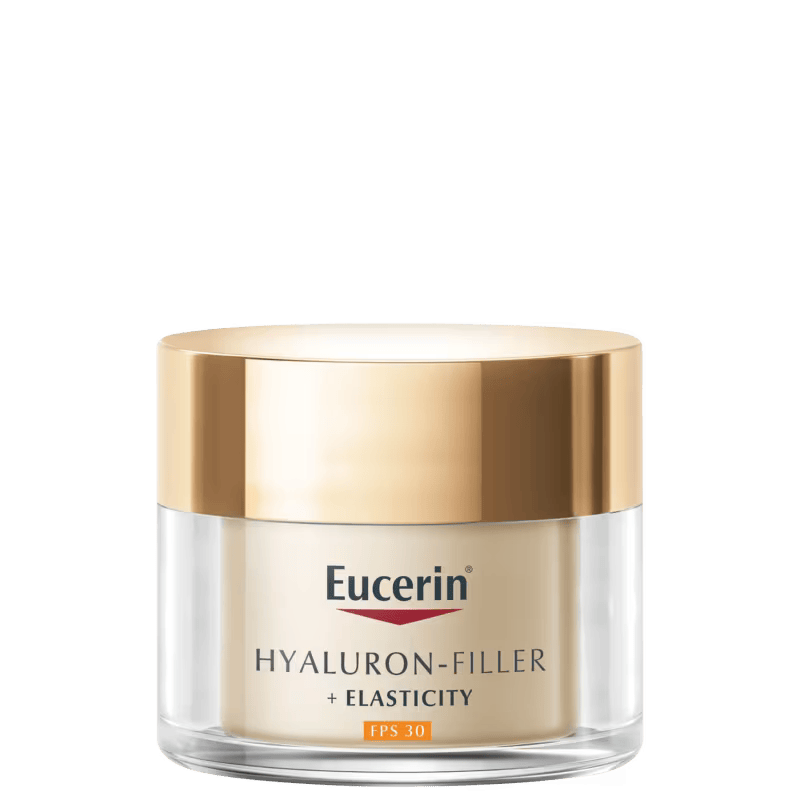 Pote sofisticado com tampa dourada. Creme facial diurno para pele madura, com &aacute;cido hialur&ocirc;nico e prote&ccedil;&atilde;o solar.