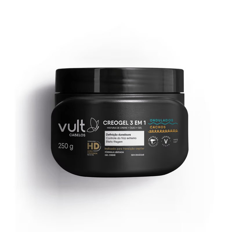 Pote preto com tampa rosque&aacute;vel. Produto multifuncional para defini&ccedil;&atilde;o e controle de frizz em ondas e cachos.