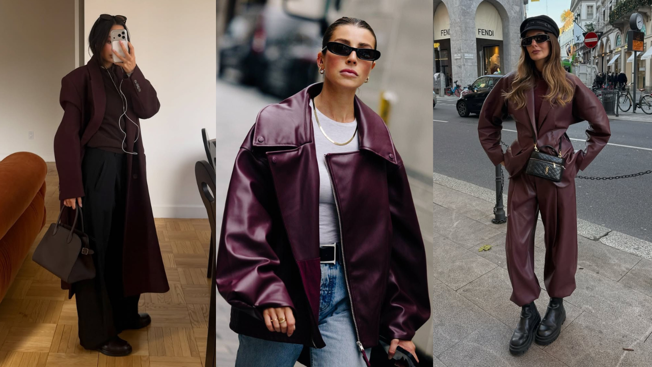 Tr&ecirc;s looks de outono de mulheres com roupas em tom de roxo profundo