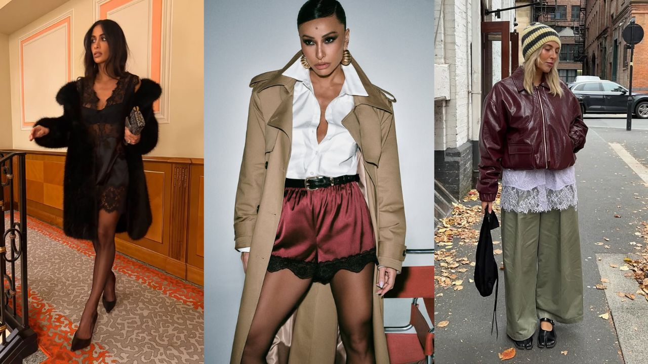 Tr&Ecirc;s mulheres posando com looks de inverno misturados com rendas