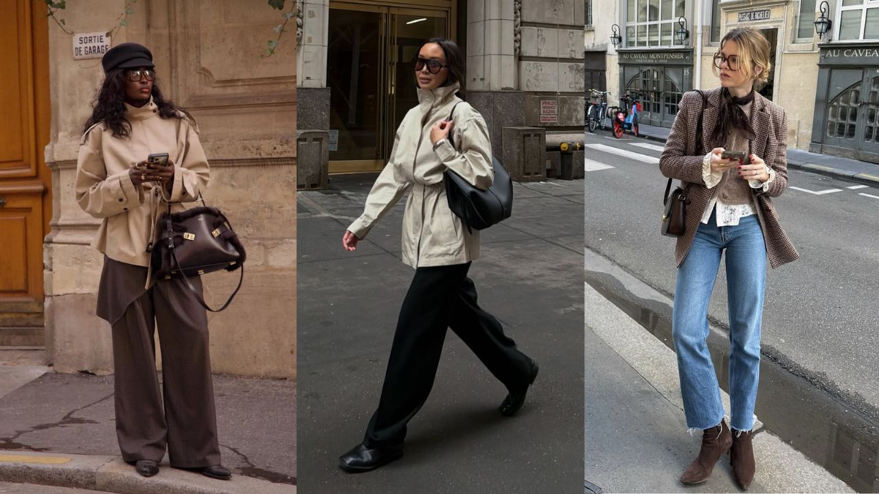 Tr&ecirc;s mulheres posando para fotos com looks de outono/inverno