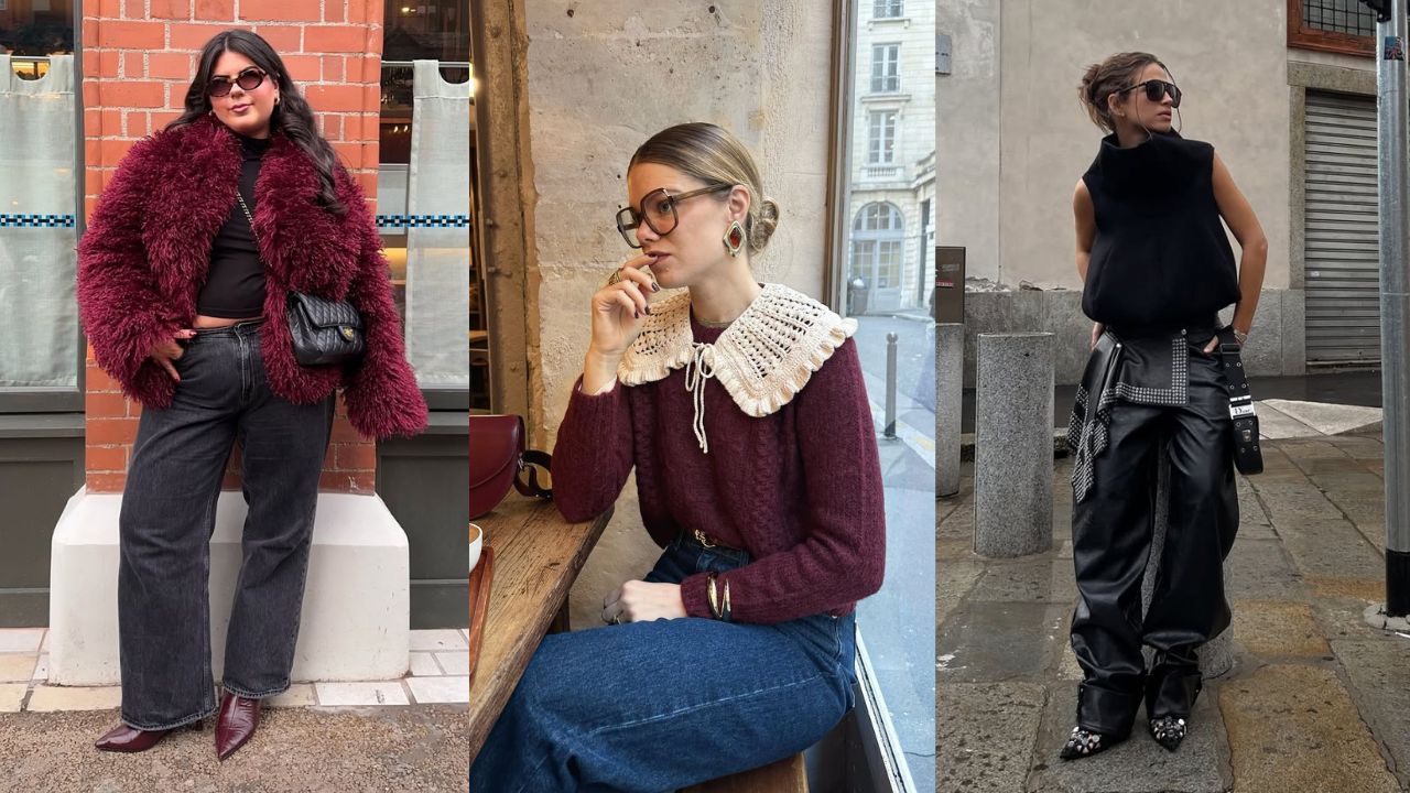 Tr&ecirc;s mulheres posando para foto com looks em tons de preto e bord&ocirc;