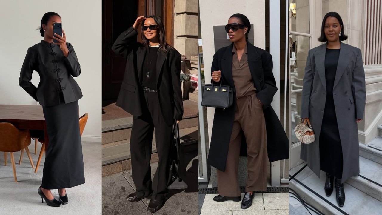 Quatro mulheres em fotos externas vestindo looks de outono