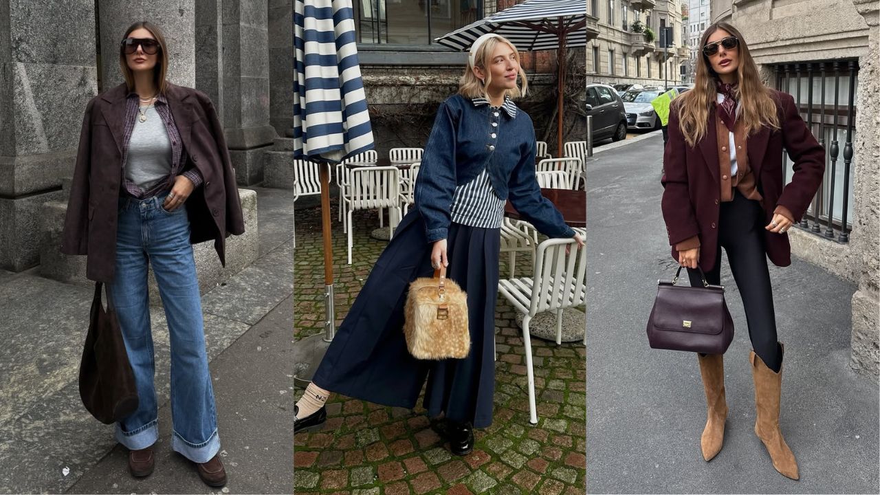 Tr&ecirc;s mulheres posando para foto com looks de outono com sobreposi&ccedil;&otilde;es