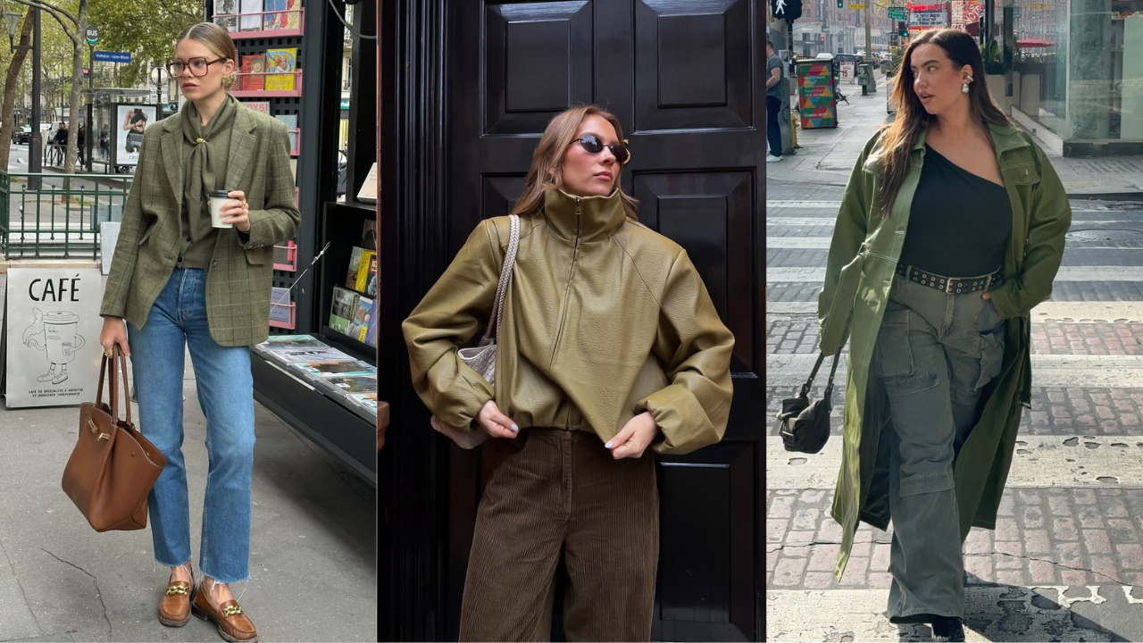 Tr&ecirc;s looks de mulheres com roupas em tom de verde oliva