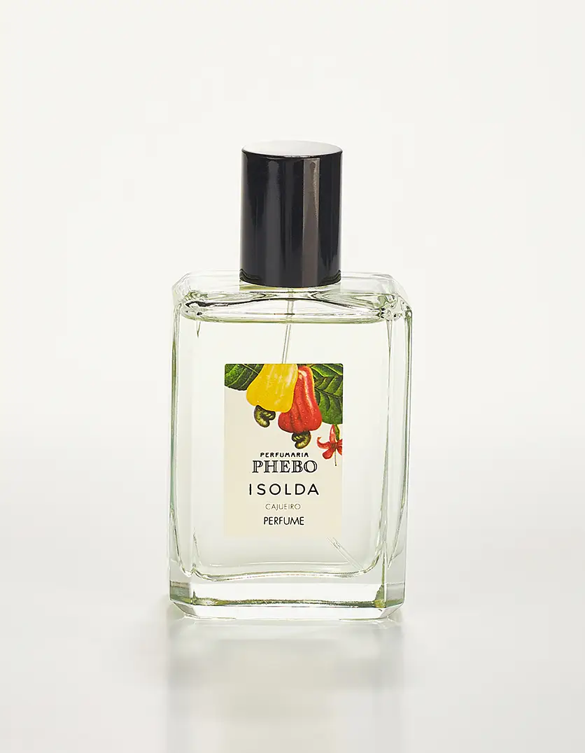 Frasco retangular transparente com tampa preta e r&oacute;tulo ilustrado com frutas tropicais, representando perfume com notas de caju e bergamota, leve e fresco, inspirado na perfumaria brasileira