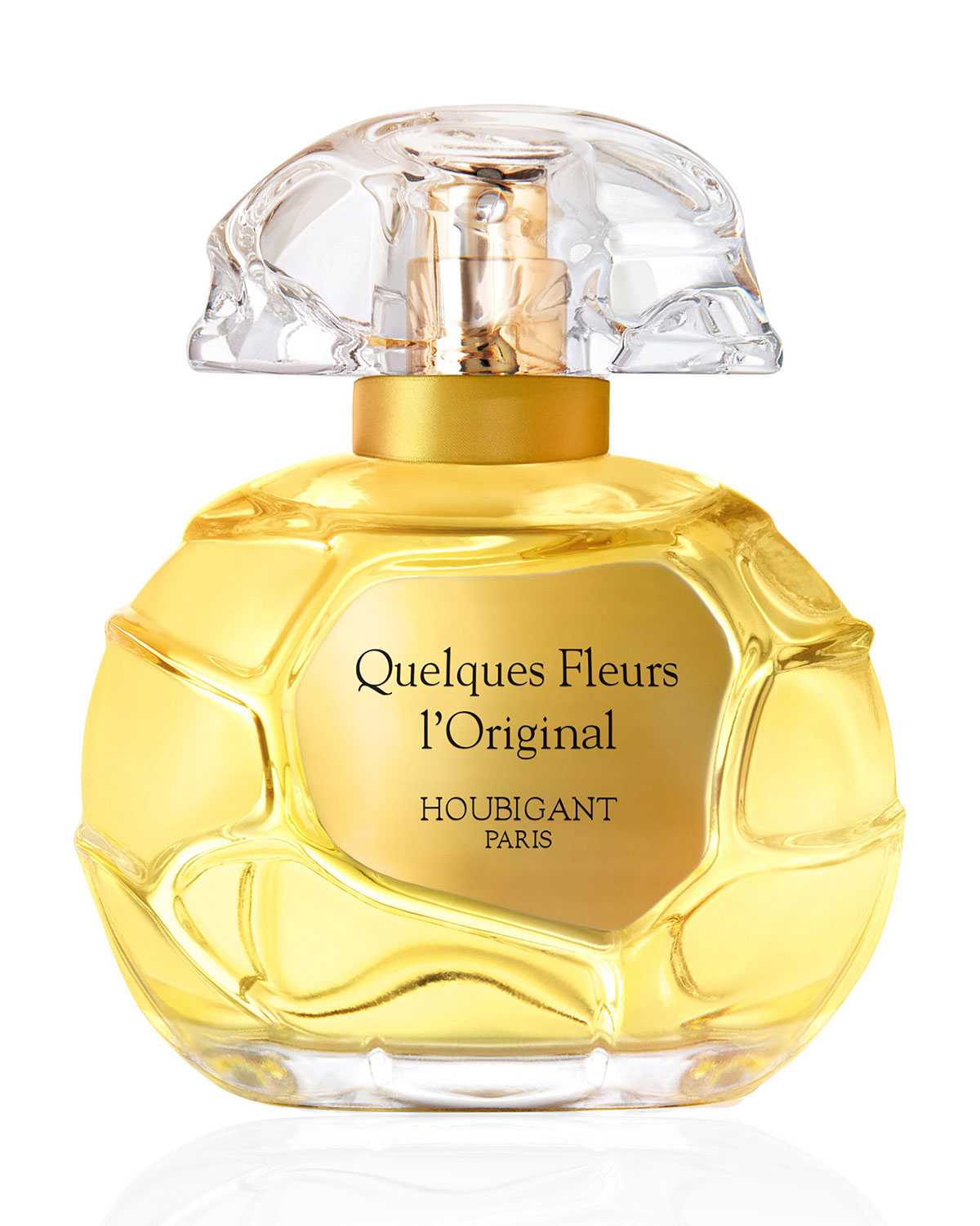 Frasco do perfume Quelques Fleurs l&rsquo;Original, da Houbigant Paris, com design arredondado e l&iacute;quido dourado, conhecido como o perfume usado por Lady Di no dia do casamento