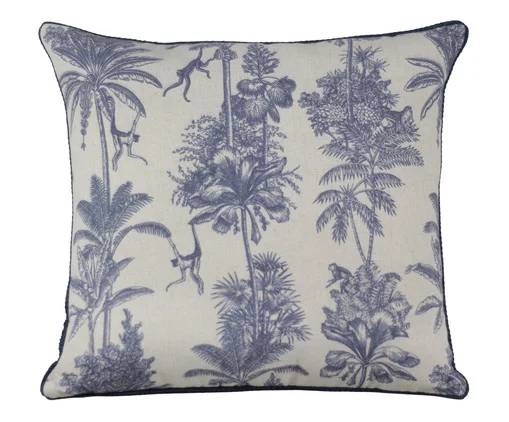 Almofada azul e branca com estampa de selva